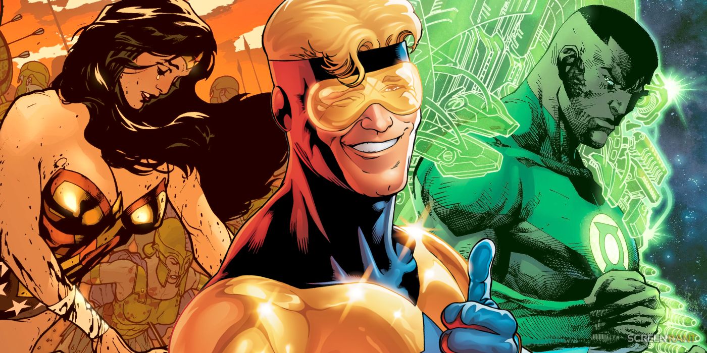 Booster Gold giving the thumbs up with Wonder Woman and Green Lantern on his sides