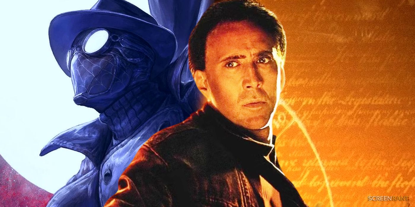 Nicolas Cage from National Treasure with Spider-Man Noir behind him