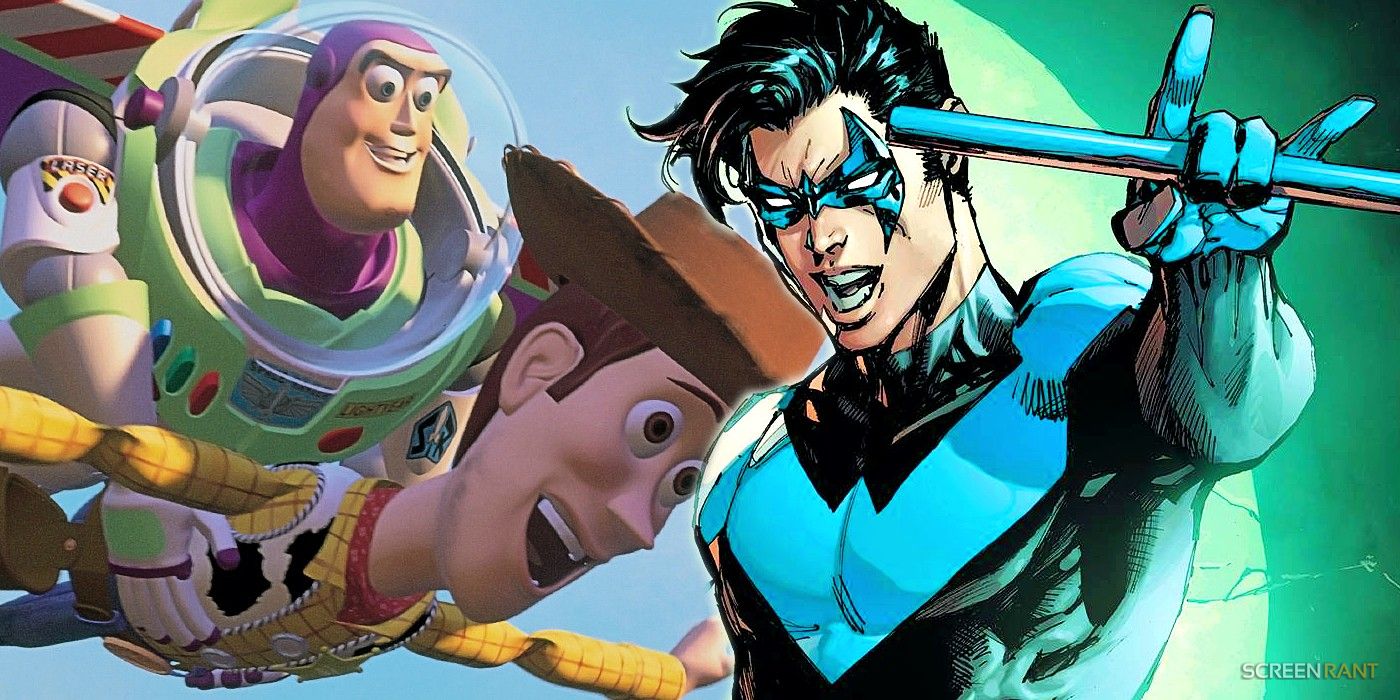 Nightwing from DC Comics pointing with his escrima stick over Woody and Buzz from Toy Story