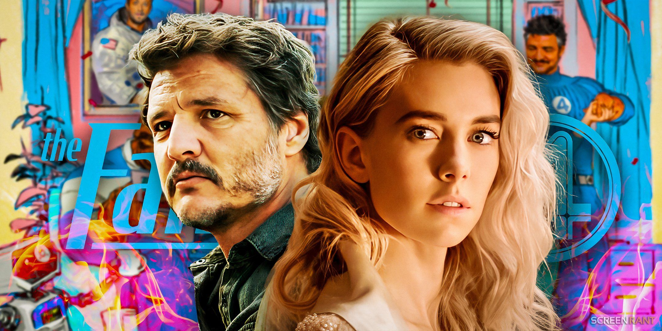 Pedro Pascal as Joel Miller from The Last of Us and Vanessa Kirby as The White Widow from Mission Impossible: Fallout in front of The Fantastic Four MCU logo and concept art