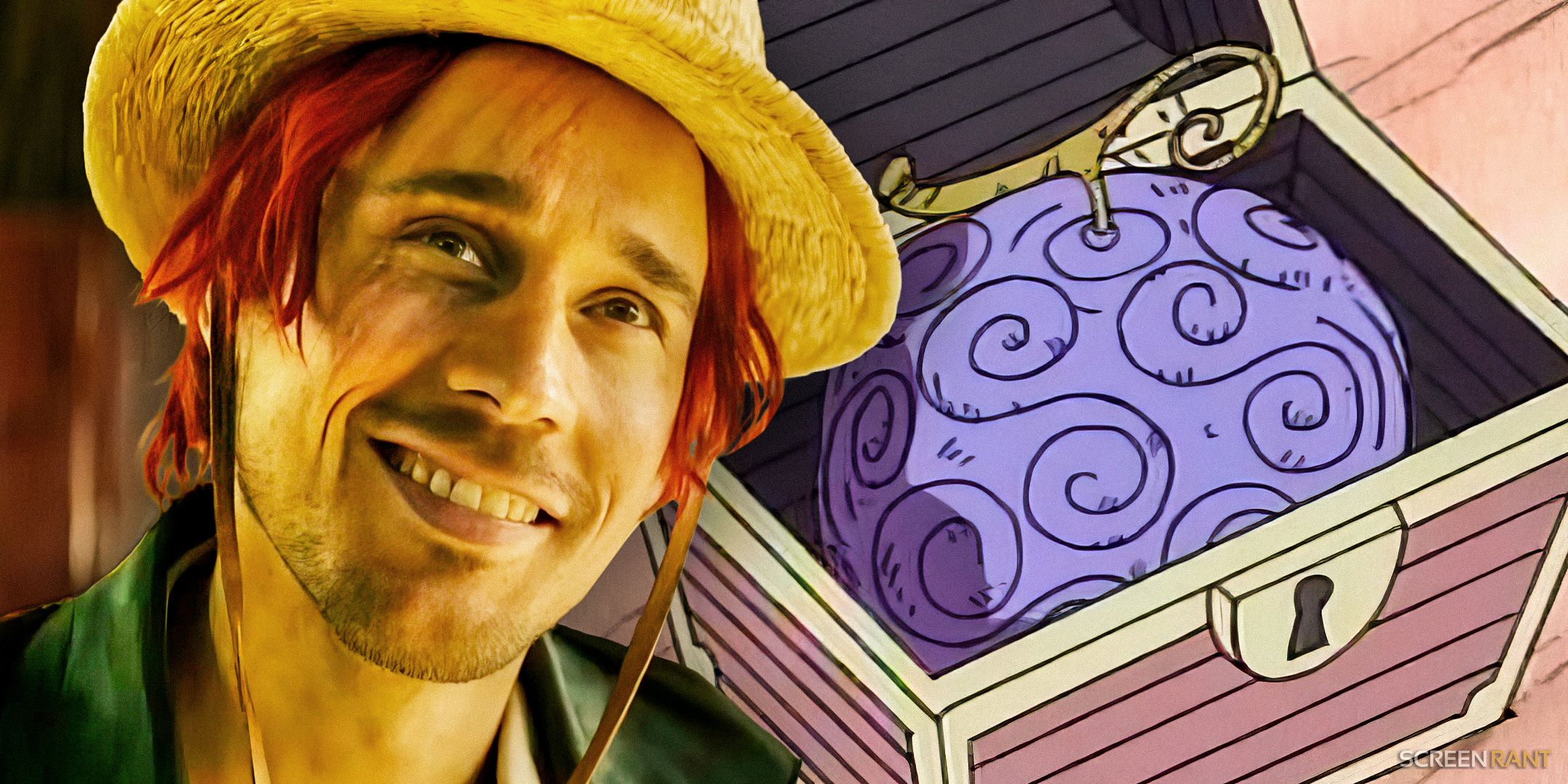 Peter Gadiot as Shanks in Netflix's One Piece and Luffy's Devil Fruit from the anime.