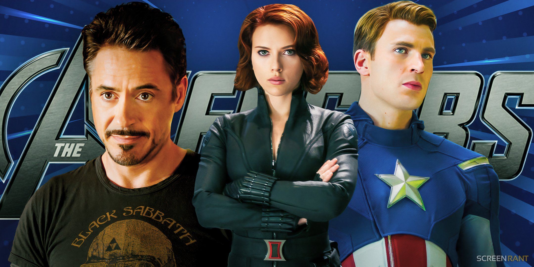 Robert Downey Jr. as Iron Man, Scarlett Johansson as Black Widow, and Chris Evans as Captain America in front of The Avengers (2012) logo