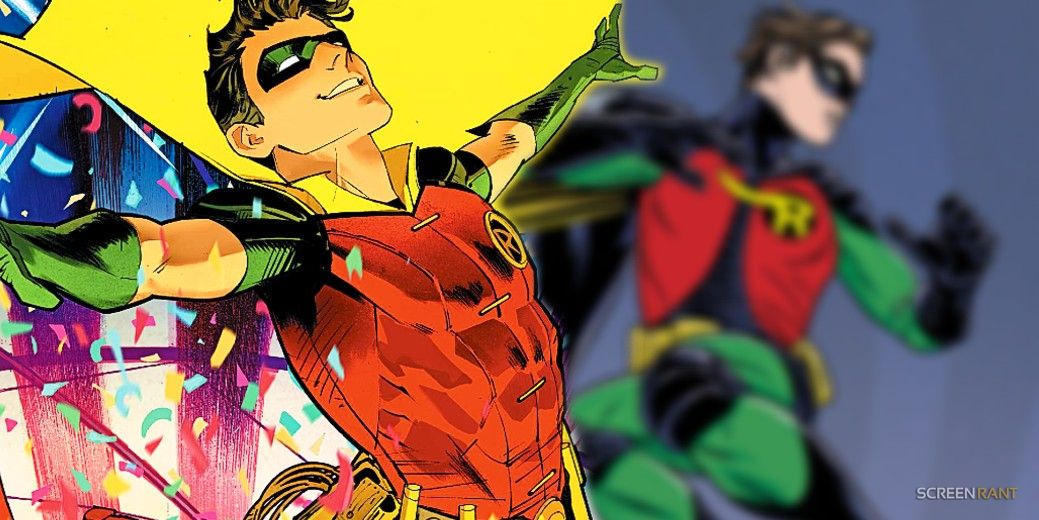 Comic book art: Robin smiling and posing in front of a blurred image of a different Robin costume.