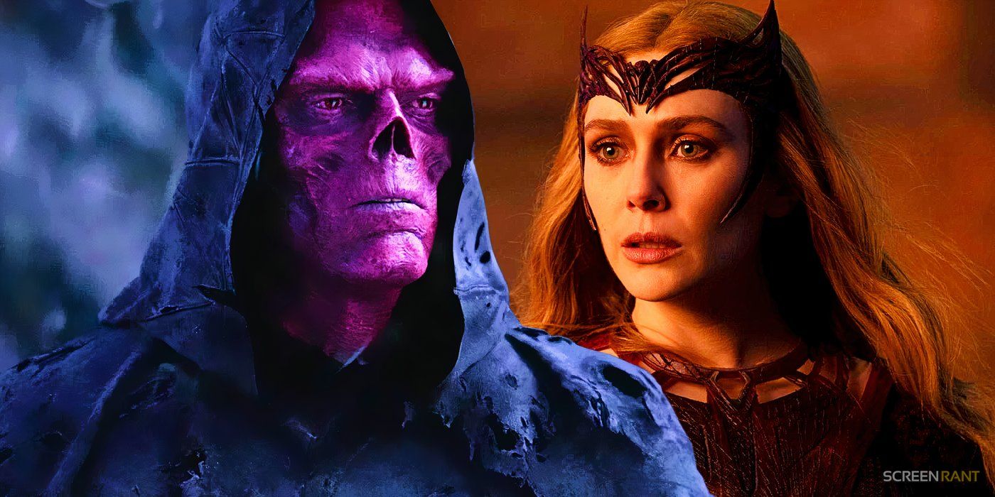 Ross Marquand As Red Skull On Vormir In Avengers Infinity War With Elizabeth Olsen As Wanda Maximoff In Scarlet Witch Outfit In Doctor Strange 2