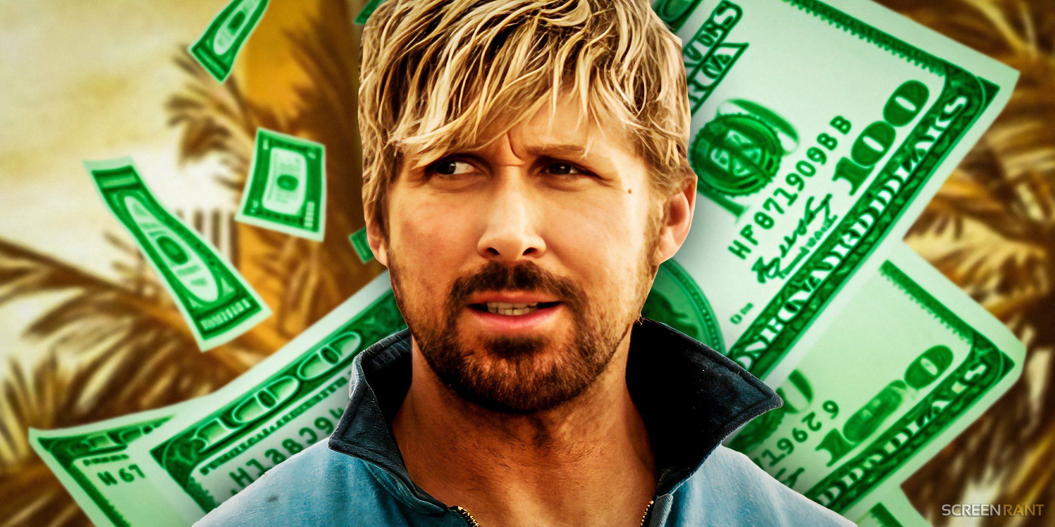 Ryan Gosling as Colt Seavers from The Fall Guy with money floating behind him