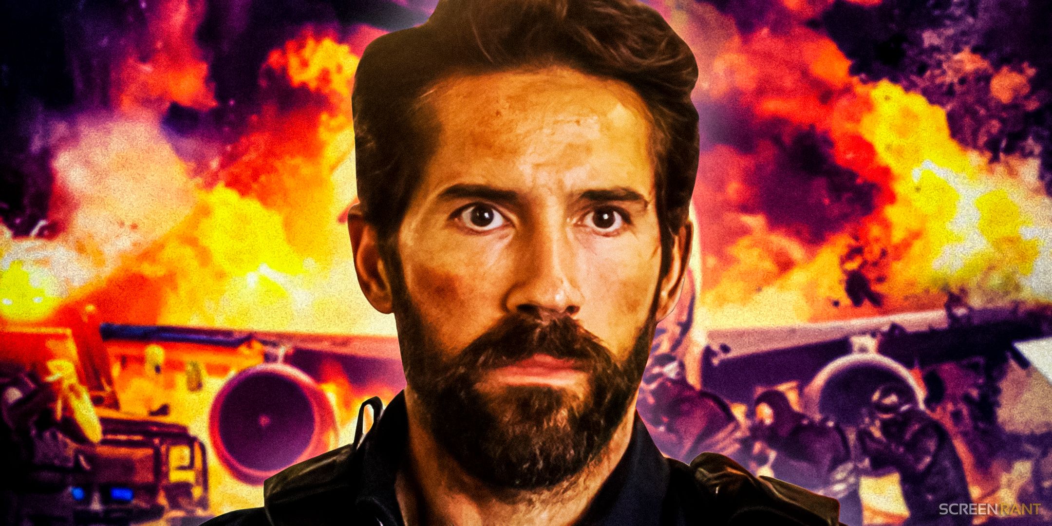 Scott Adkins as Harris from One Last Shot against the backdrop of an exploding plane