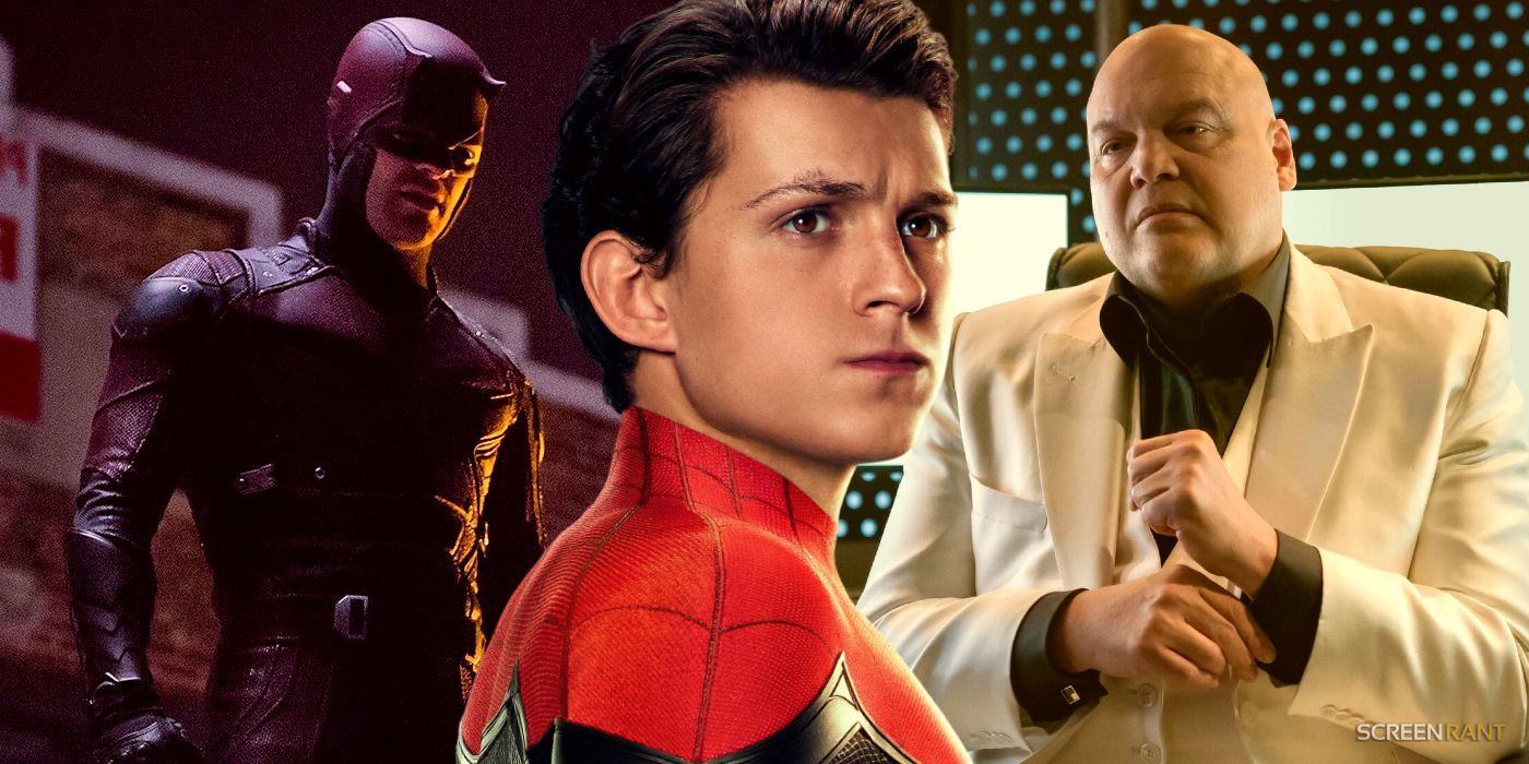 Tom Holland's Spider-Man looking stoic with Charlie Cox's Daredevil on the left and Vincent D'Onofrio's Kingpin on the right