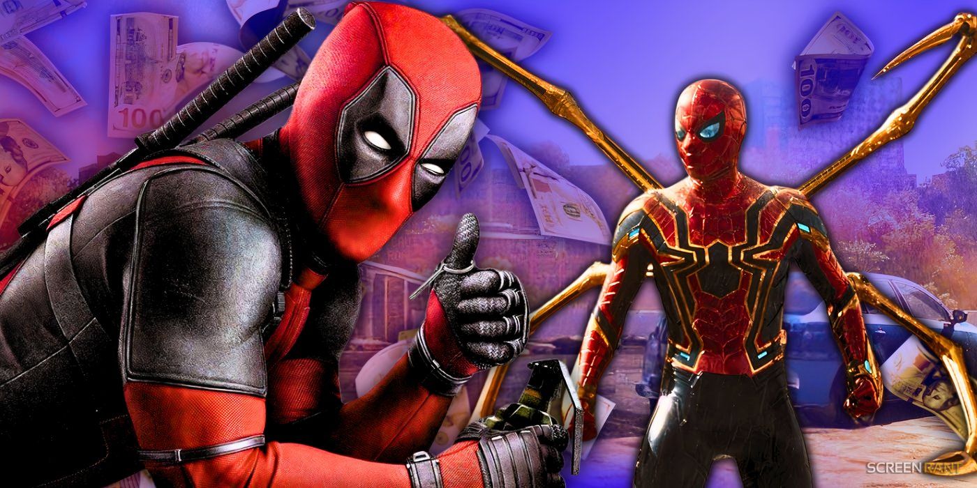 Ryan Reynolds' Deadpool making a positive sign with his thumb and Tom Holland's Spider-Man with the Iron Spider armor in No Way Home