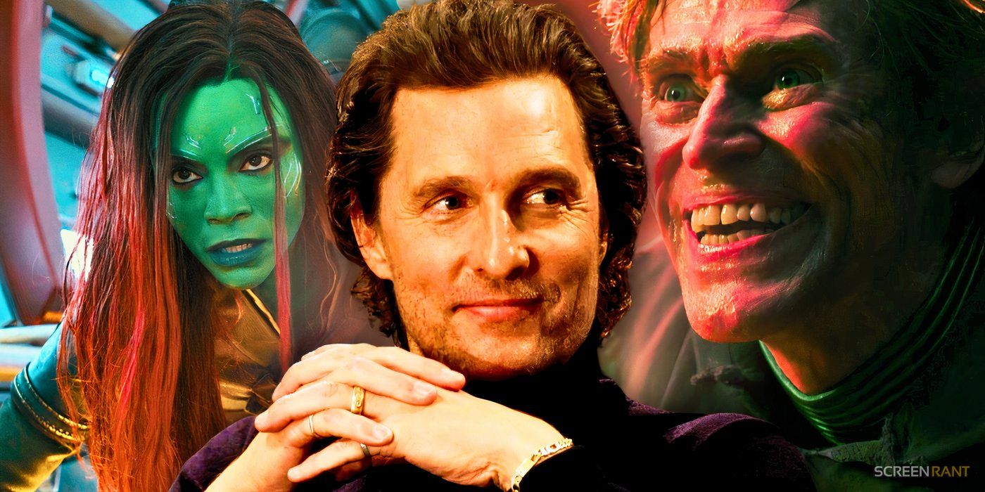 Spider-Man: No Way Home's Norman Osborn played by Willem Dafoe and Guardians of the Galaxy Vol.3's Gamora played by Zoe Saldaña on each side of Matthew McConaughey