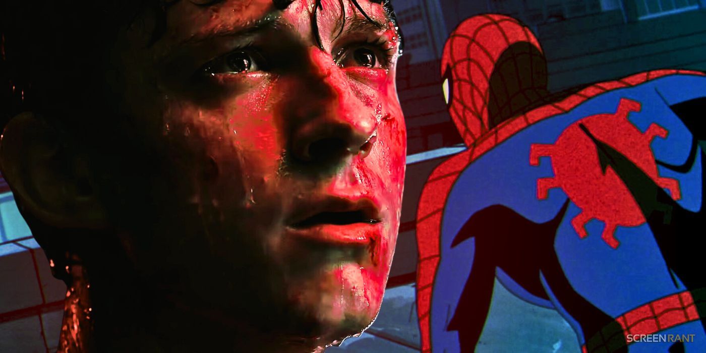 Tom Holland's Spider-Man crying in the rain in No Way Home and the animated Spider-Man from behind in X-Men '97