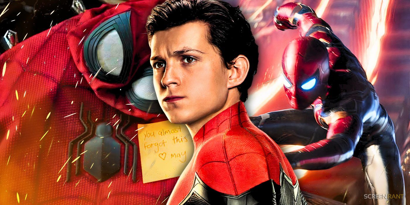 Tom Holland's unmasked Spider-Man with Spider-Man: Homecoming's suit and Avengers: Endgame's Spider-Man armor