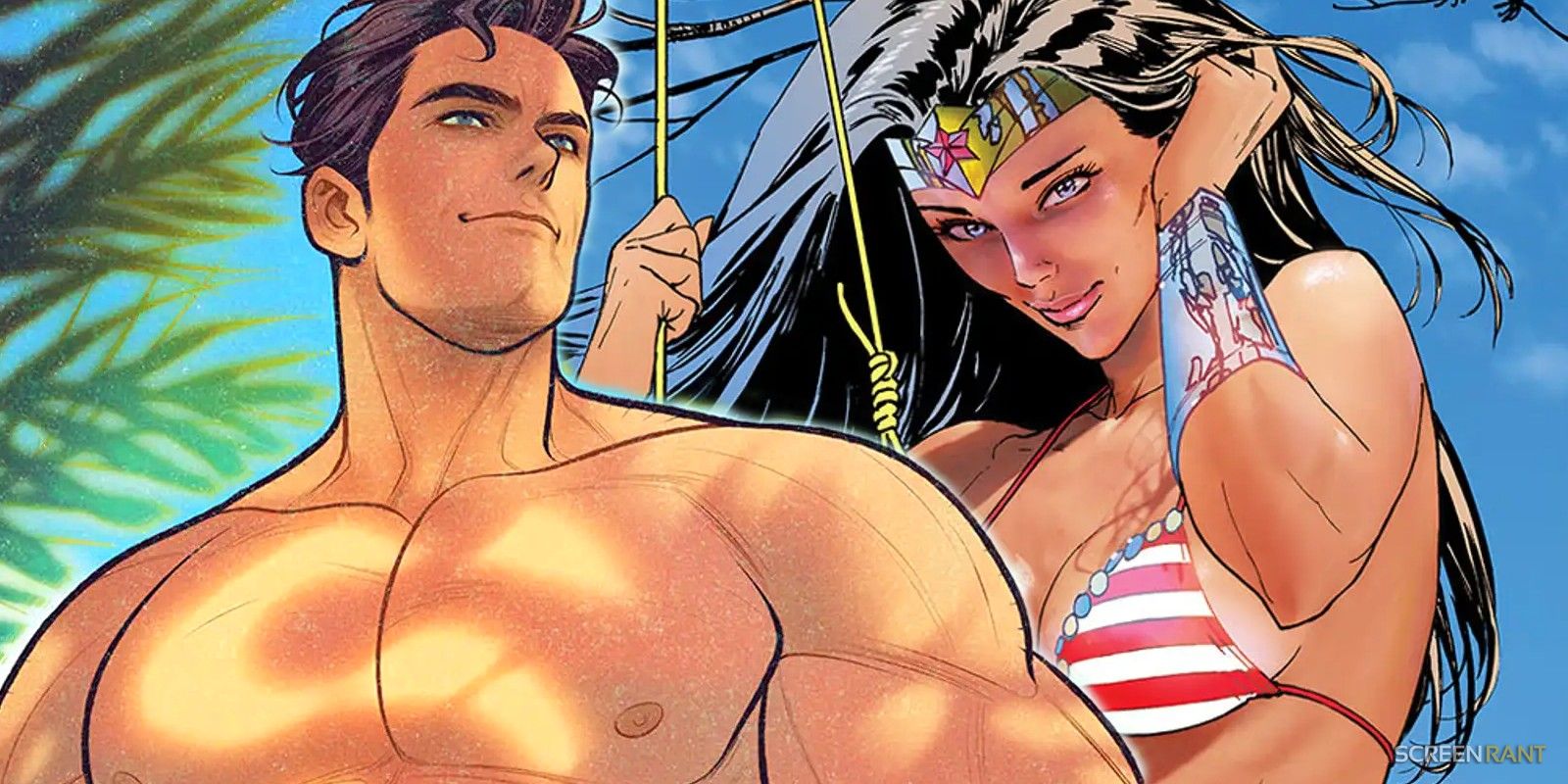 Comic book art: shirtless Superman and Wonder Woman in a bikini.