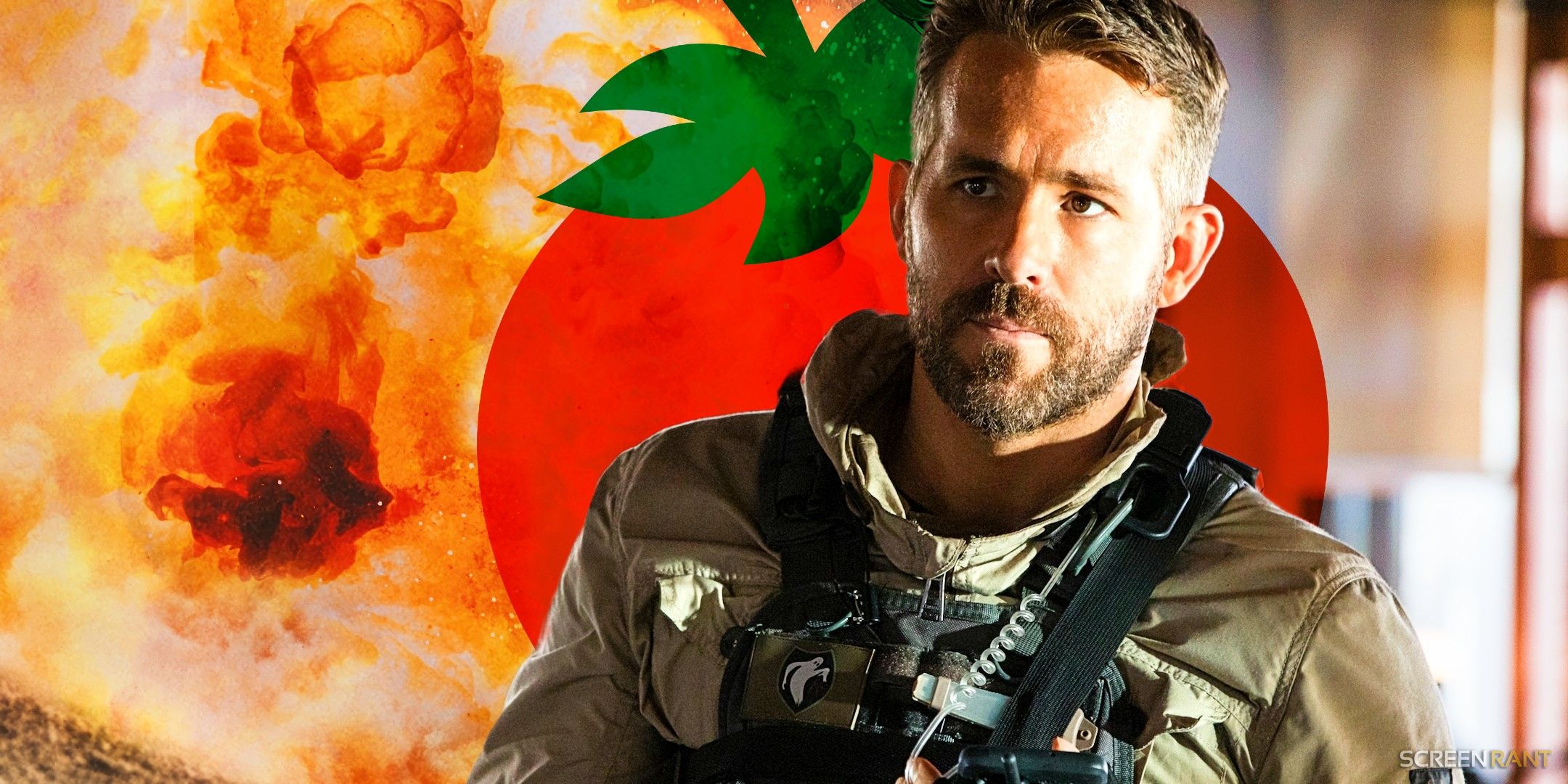 Ryan Reynolds in 6 Underground with Rotten Tomatoes logo and explosion from The Fall Guy