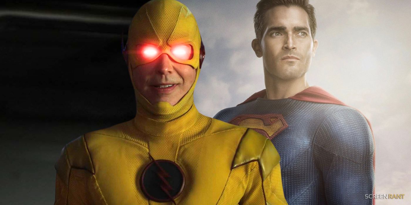 Tom Cavanagh's Reverse-Flash grinning in The Flash season 8 with Tyler Hoechlin's Superman behind him