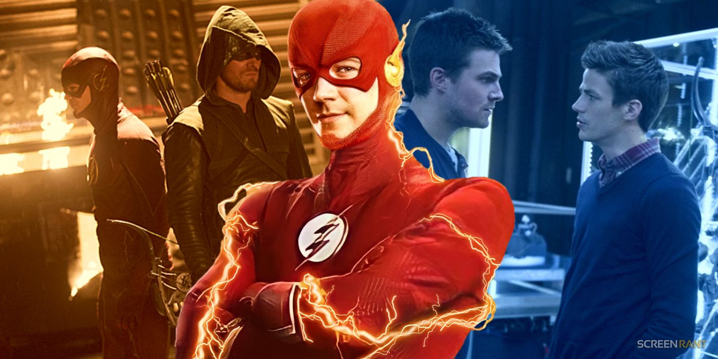 Grant Gustin from The Flash season 8 in the middle with him and Stephen Amell's Oliver Queen from Arrow season 2