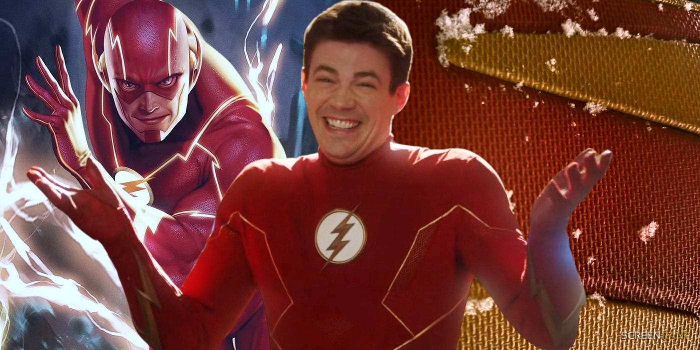 Grant Gustin looking goofy while shrugging as The Flash, with James Gunn's Superman logo on his right