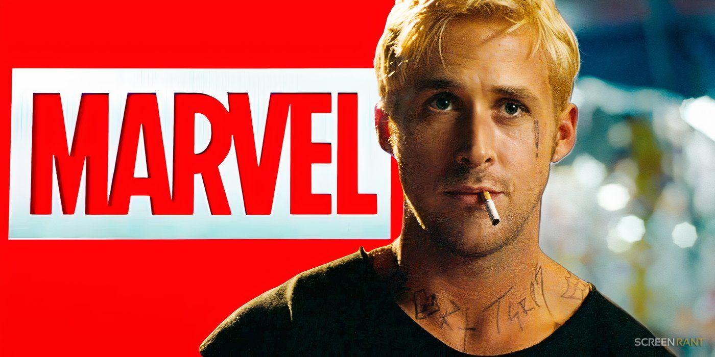 The Marvel Studios logo and Ryan Gosling with a cigarette in The Place Beyond the Pines
