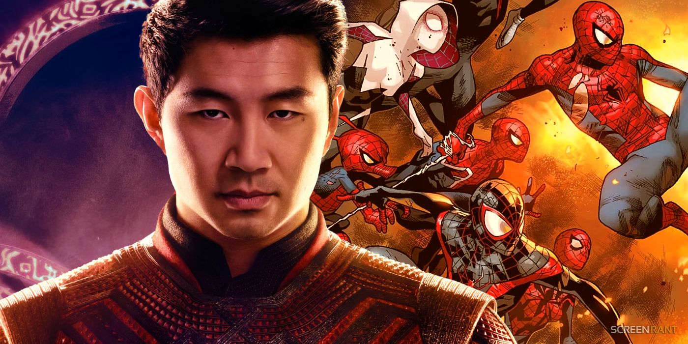 Simu Liu as Shang-Chi in the MCU with the Spider-Verse on his right