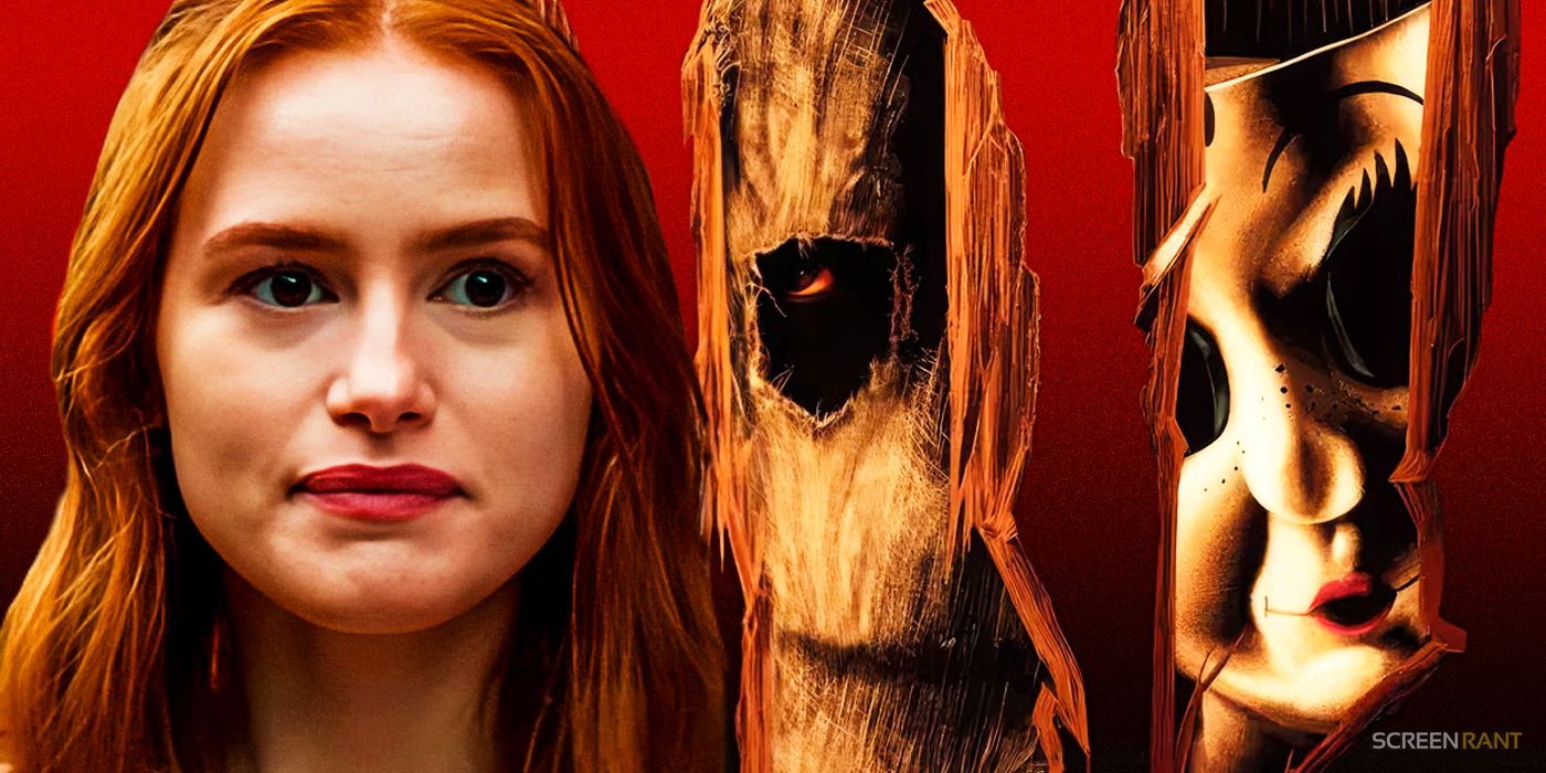 Madelaine Petsch as Maya next to killers in The Strangers: Chapter 1