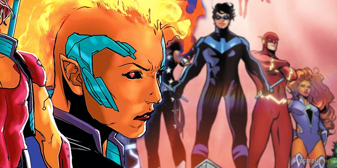 Comic book art: a cyborg woman with orange skin and flaming hair faces Nightwing, who leads the Titans.