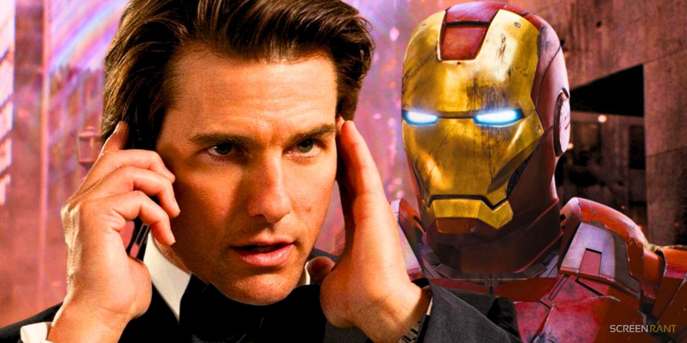 Tom Cruise talking on the phone as Ethan Hunt from the Mission Impossible movies and the MCU's first Iron Man armor