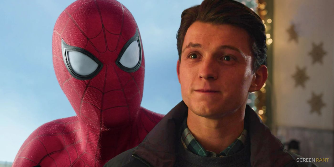 Tom Holland's Peter Parker looking emotional with Spider-Man on his left.