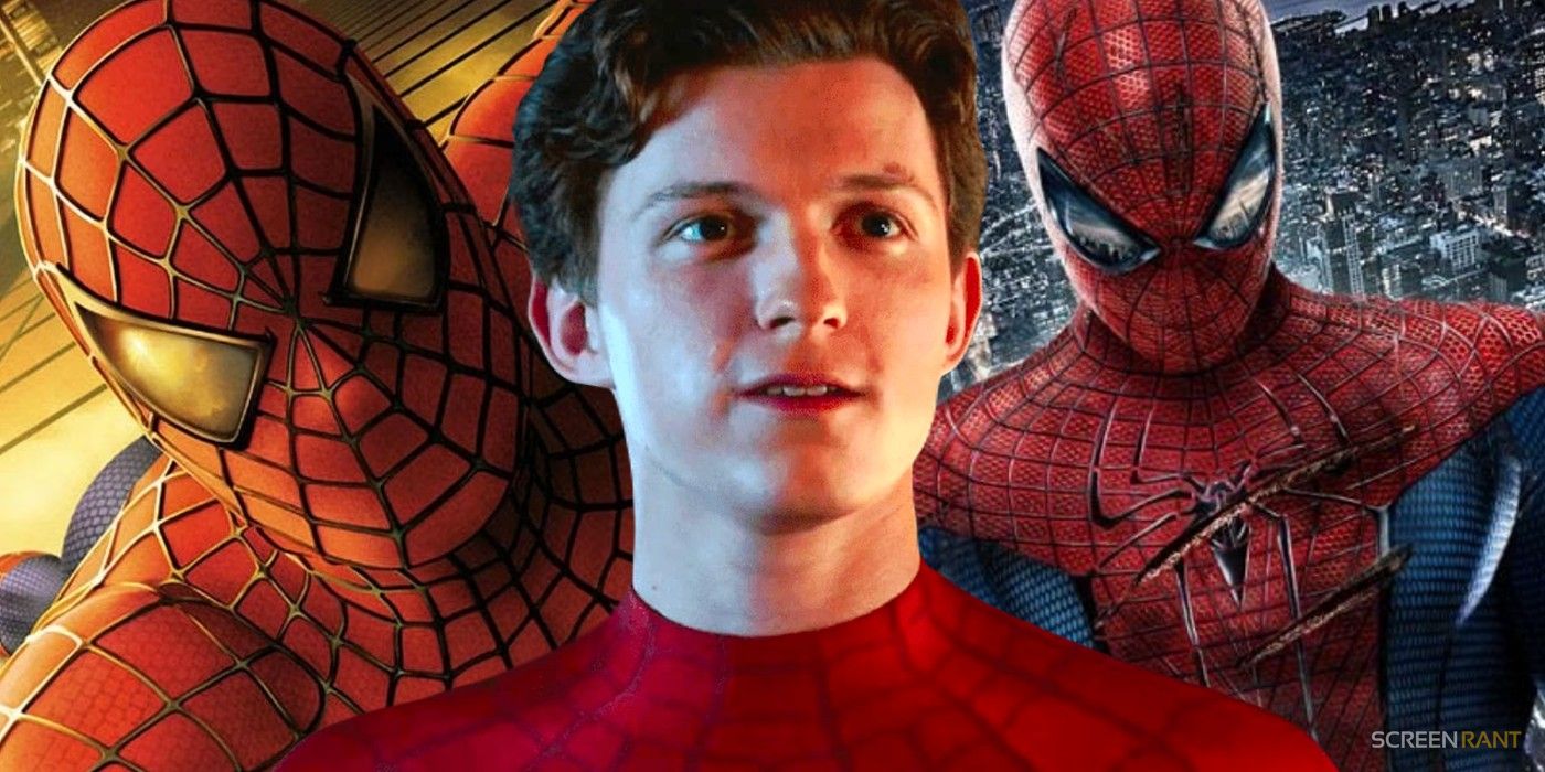 Tom Holland's unmasked Spider-Man with posters for Spider-Man (2002) and The Amazing Spider-Man (2012)