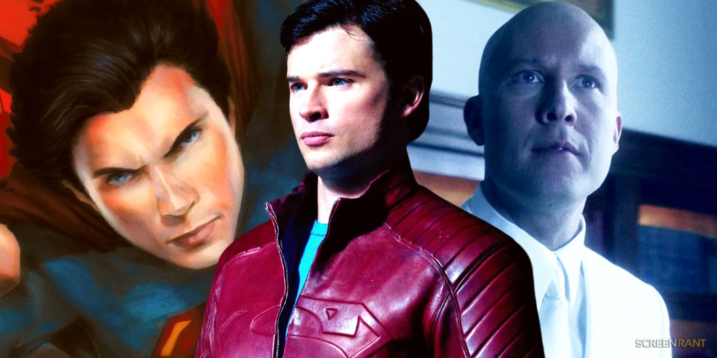 Tom Welling's The Blur from Smallville Season 10 with Superman from Season 11 on his left and Lex Luthor as president on his right