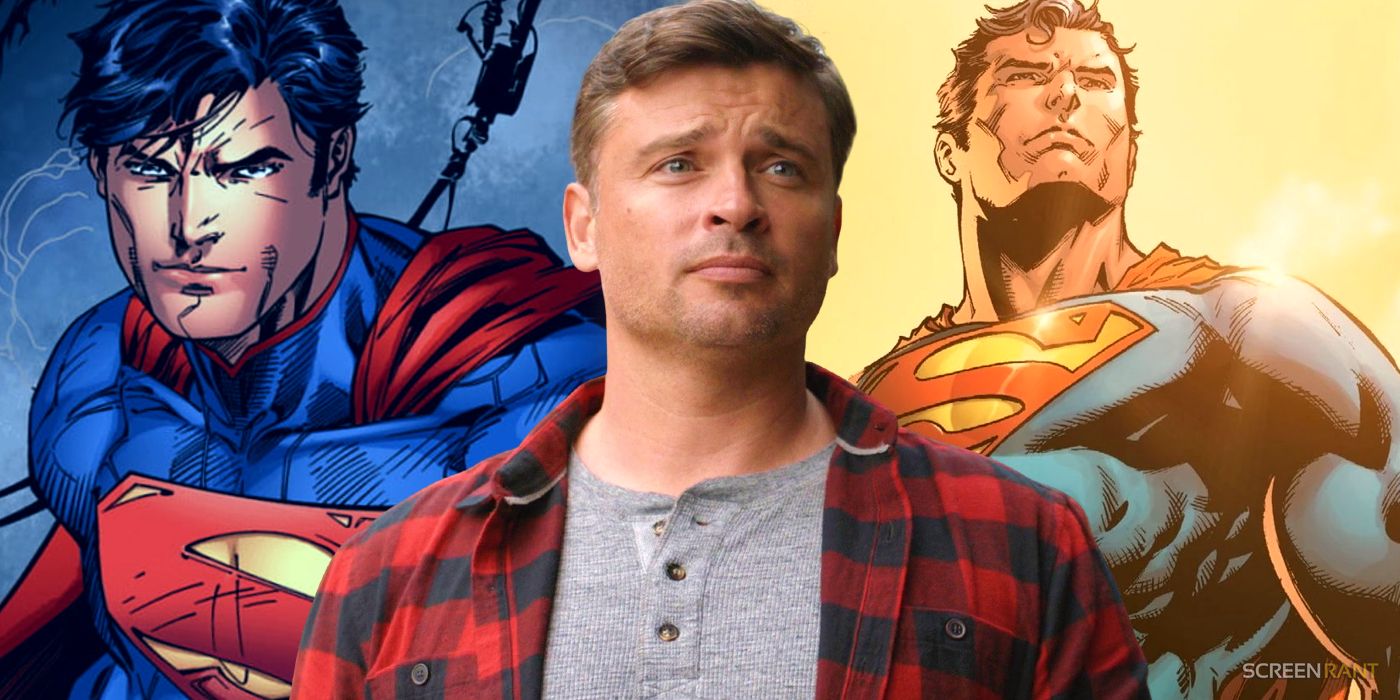 Tom Welling's Clark Kent with different versions of Superman behind him