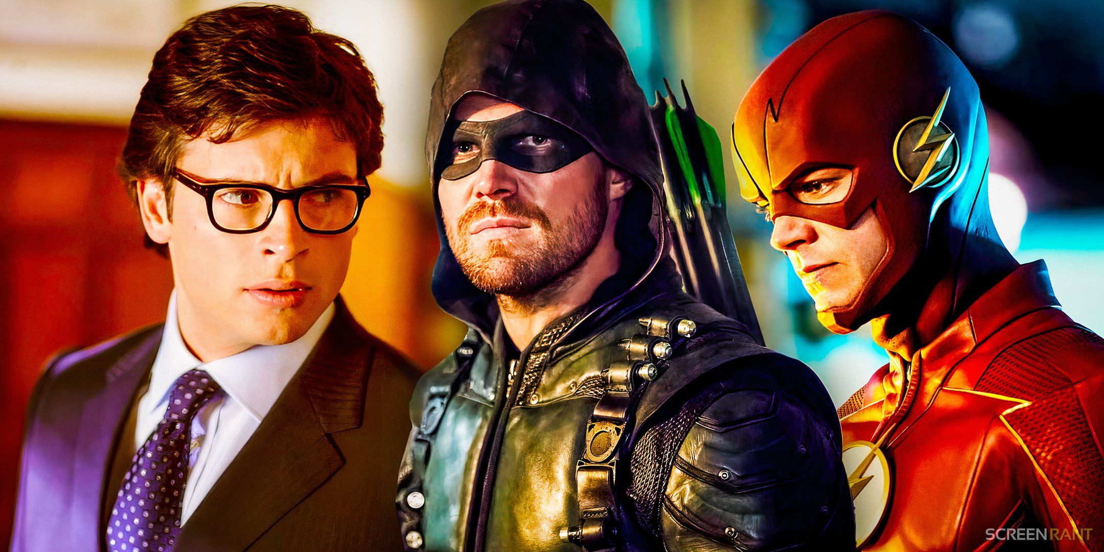 Tom Welling's Clark Kent from Smallville with glasses next to Stephen Amell's Green Arrow and Grant Gustin's The Flash from the Arrowverse