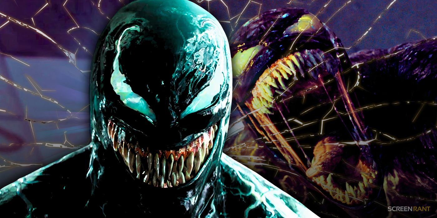 Tom Hardy's Venom grinning sinisterly and growling with his mouth wide open — webs are everywhere