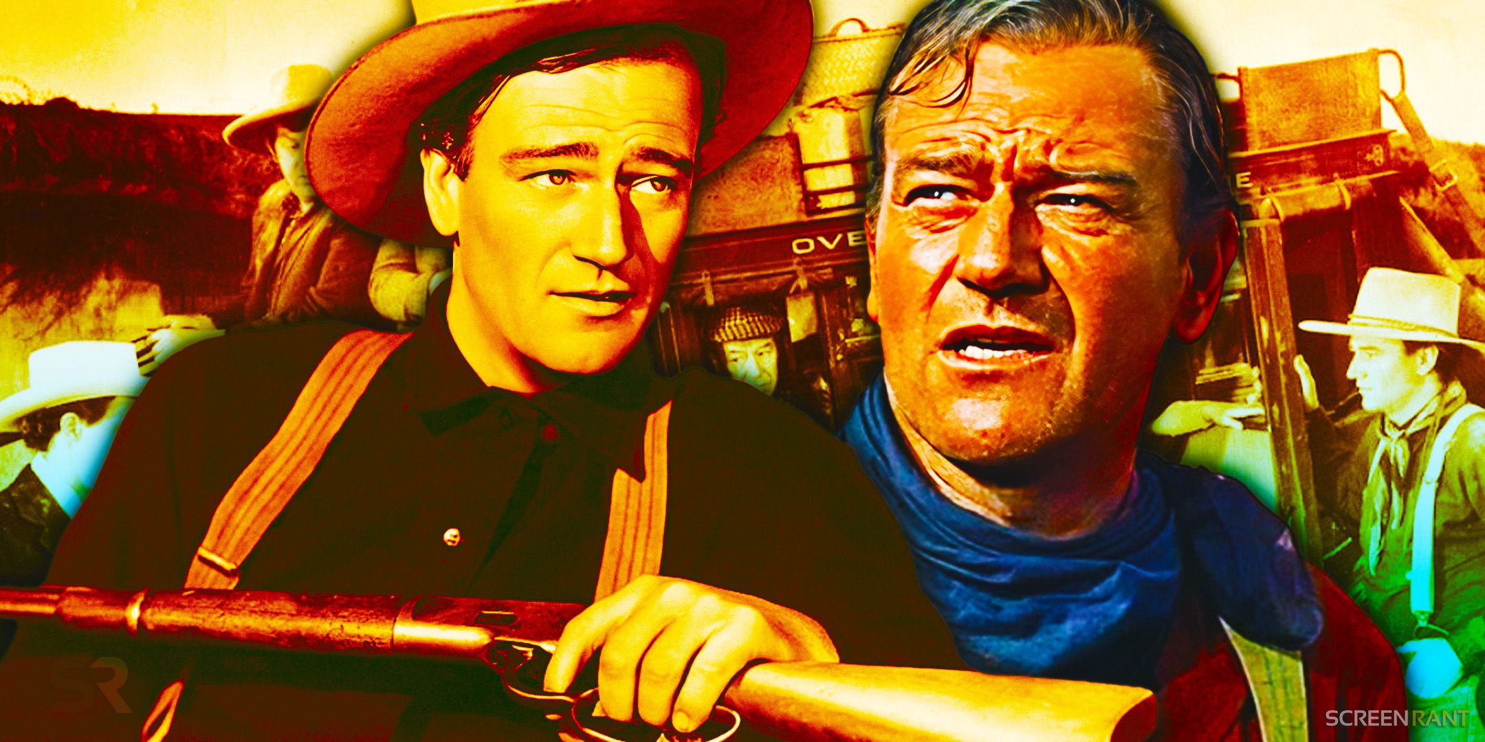 John Wayne as The Ringo Kid holding a rifle in Stagecoach alongside Wayne playing Ethan Edwards in The Searchers