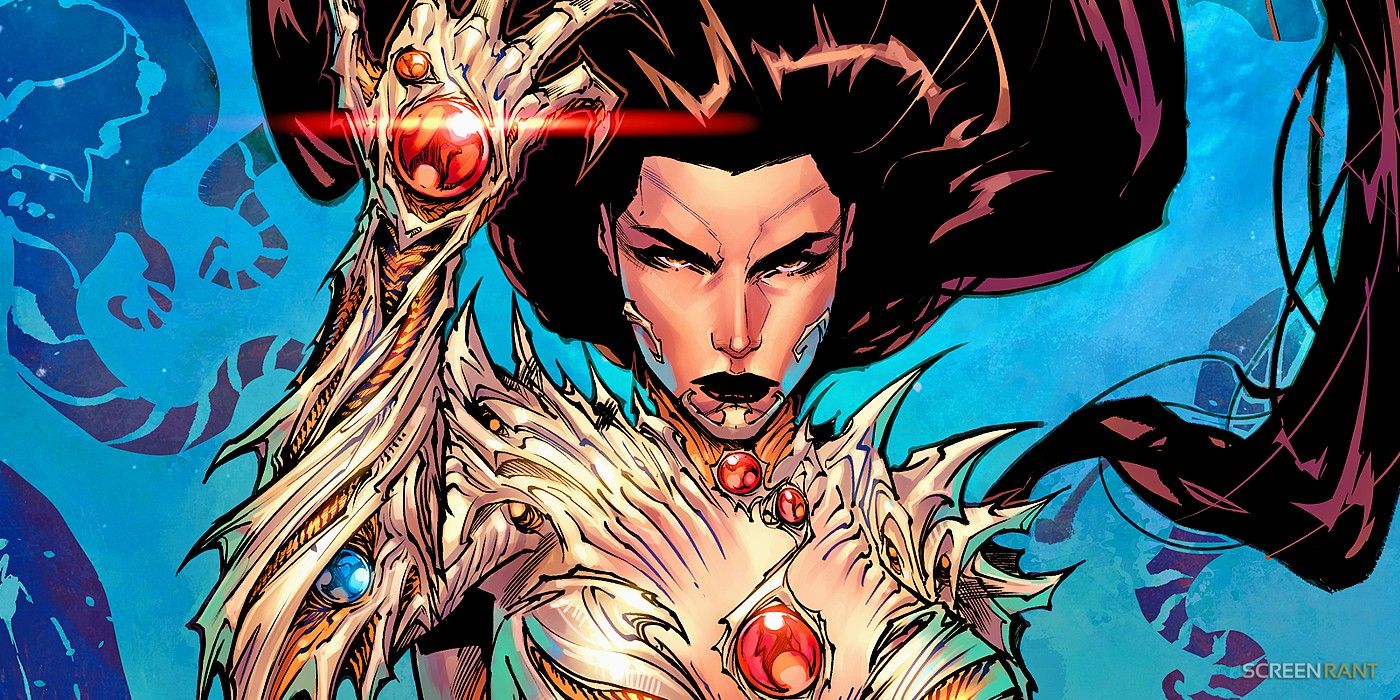 Comic book art: Witchblade Sara Pezzini holding her arm up in magical armor.