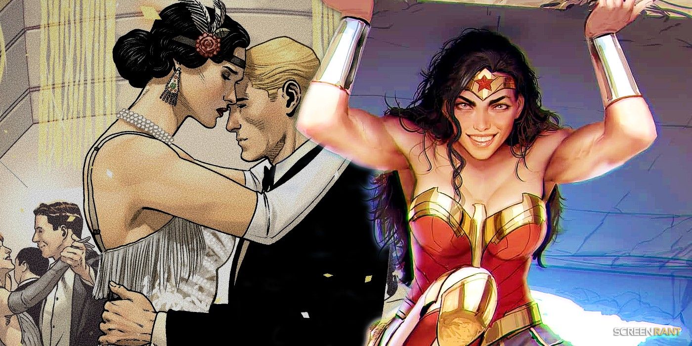 Comic book art: Wonder Woman holding Steve Trevor as they dance in formal clothing. Wonder Woman holding rubble while smiling.