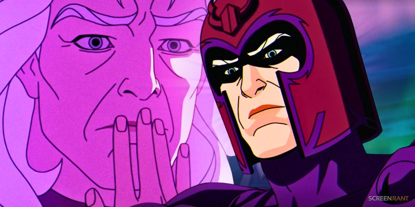 X-Men '97's Magneto with Rogue's hand in his mouth and wearing his iconic red helmet