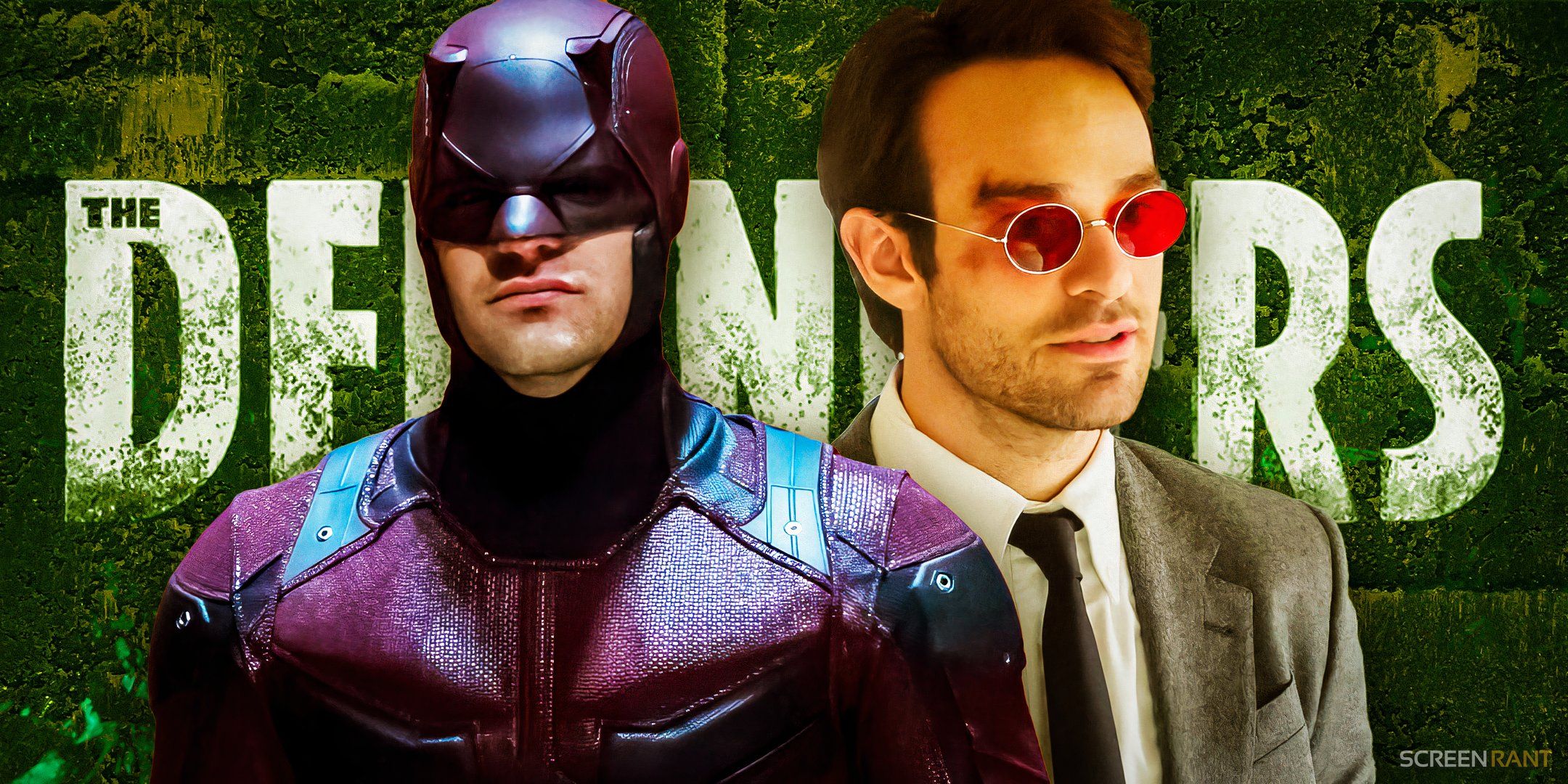Charlie Cox as Matt Murdock and Daredevil in front of a green The Defenders logo