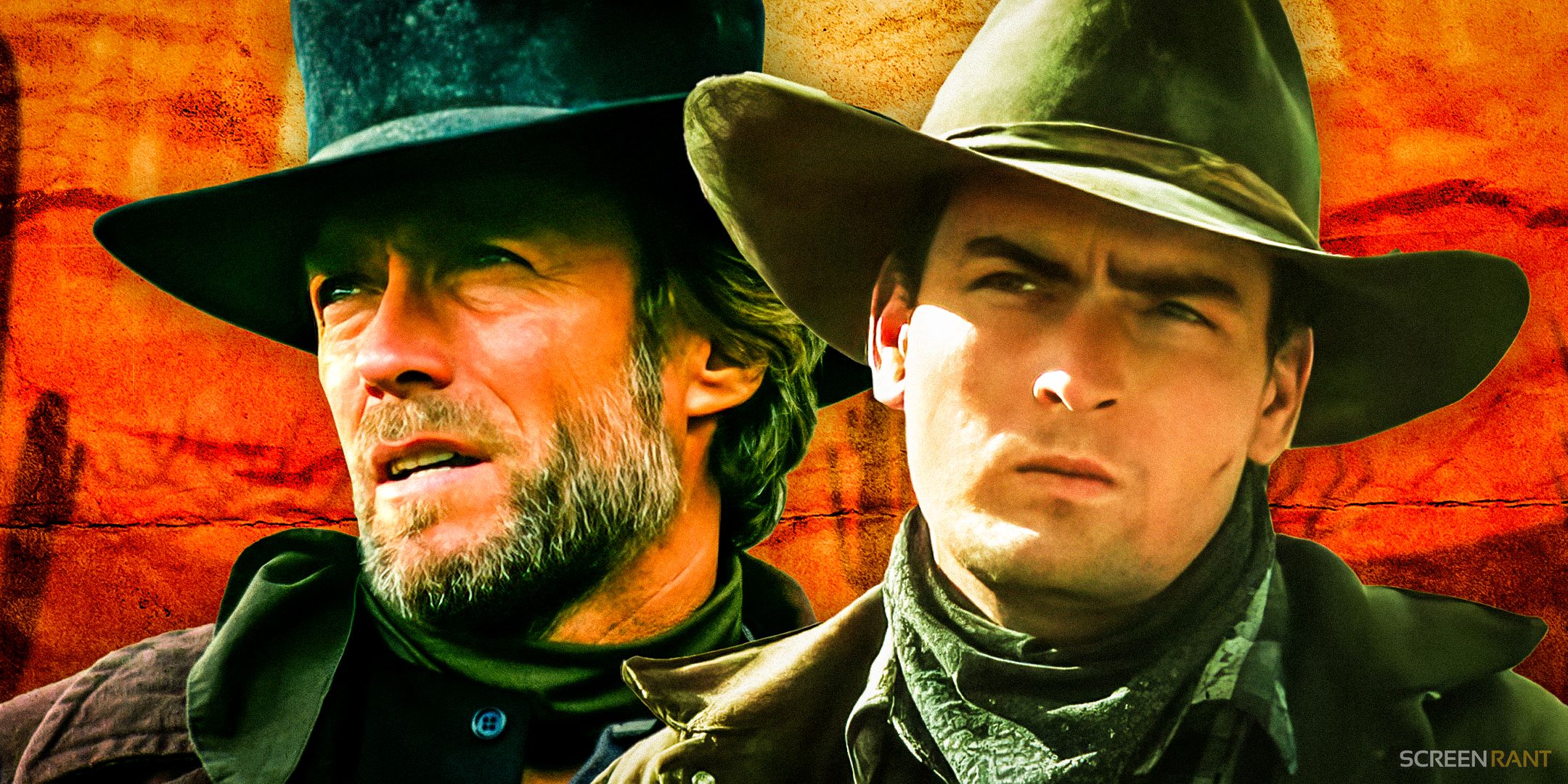 Charlie Sheen como Dick en Young Guns con Clint Eastwood como Preacher en Pale Rider