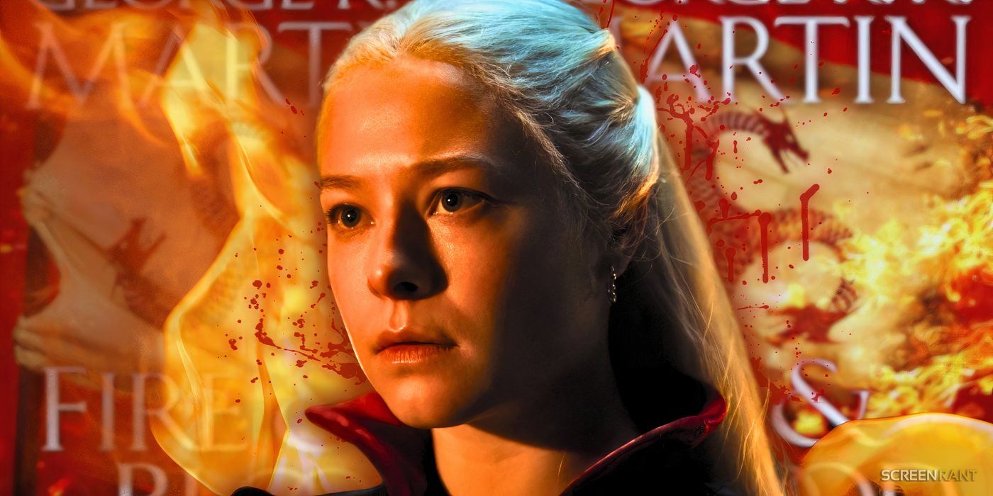 Close-up of Emma D'Arcy as Rhaenyra Targaryen in House of the Dragon with Fire & Blood book cover in the background