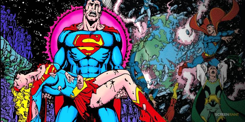 Comic book art: Superman holding Supergirl's body, screaming. The Earth exploding with Superman and Pariah.