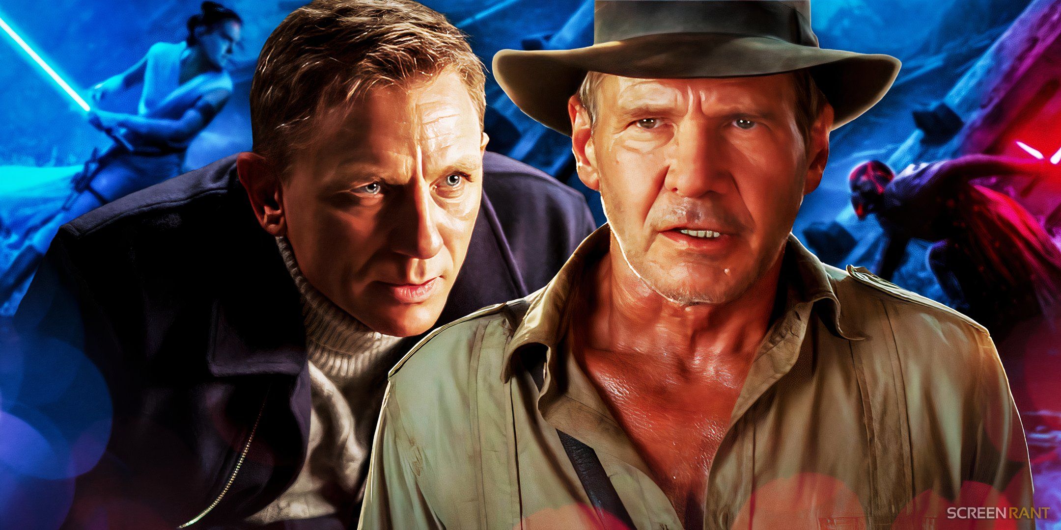 Daniel Craig as James Bond from Spectre and HarrisonFordas IndianaJones from Indiana Jones and the Kingdom of the Crystal Skull