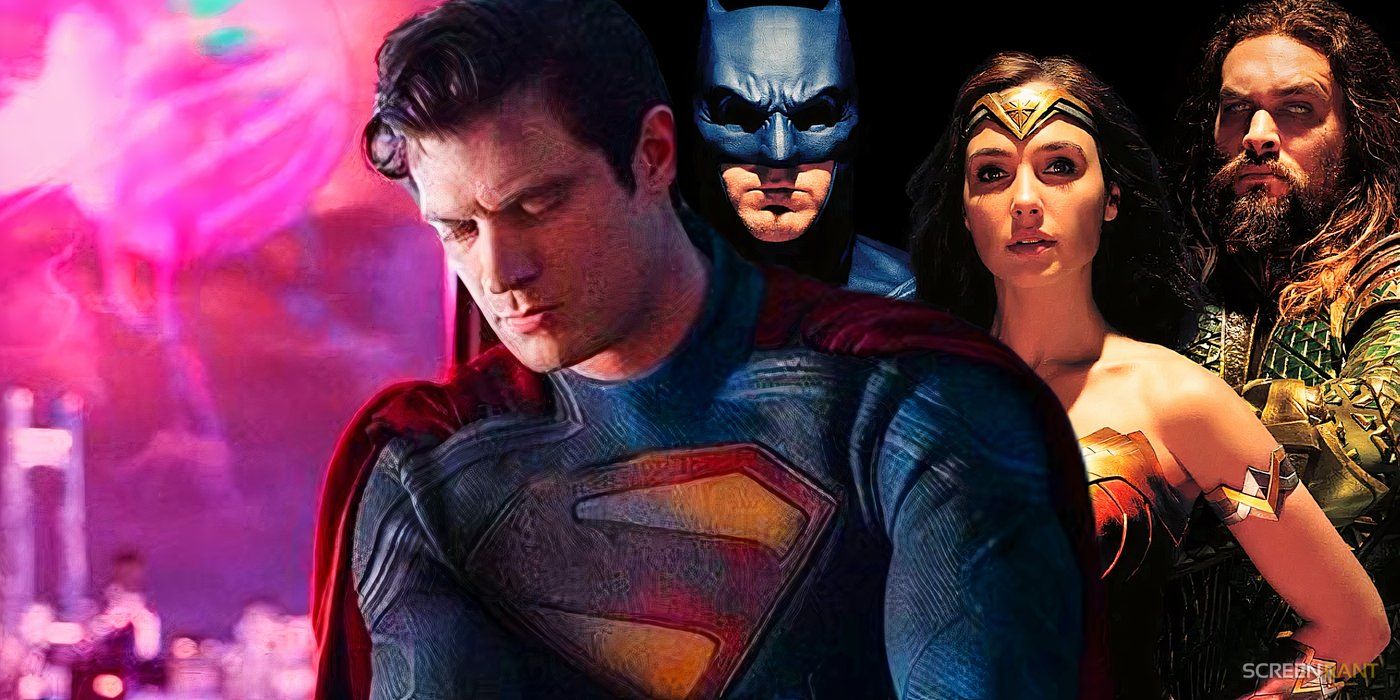 David Corenswet's Superman looking down with Batman, Wonder Woman, and Aquaman from the DCEU