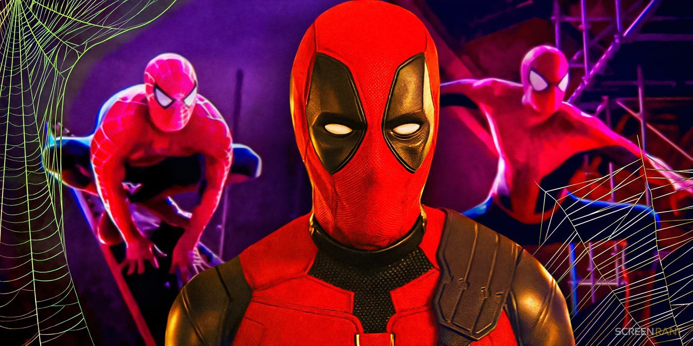 Ryan Reynolds' Deadpool with Tobey Maguire and Andrew Garfield's Spider-Men from Spider-Man: No Way Home and webs on each side