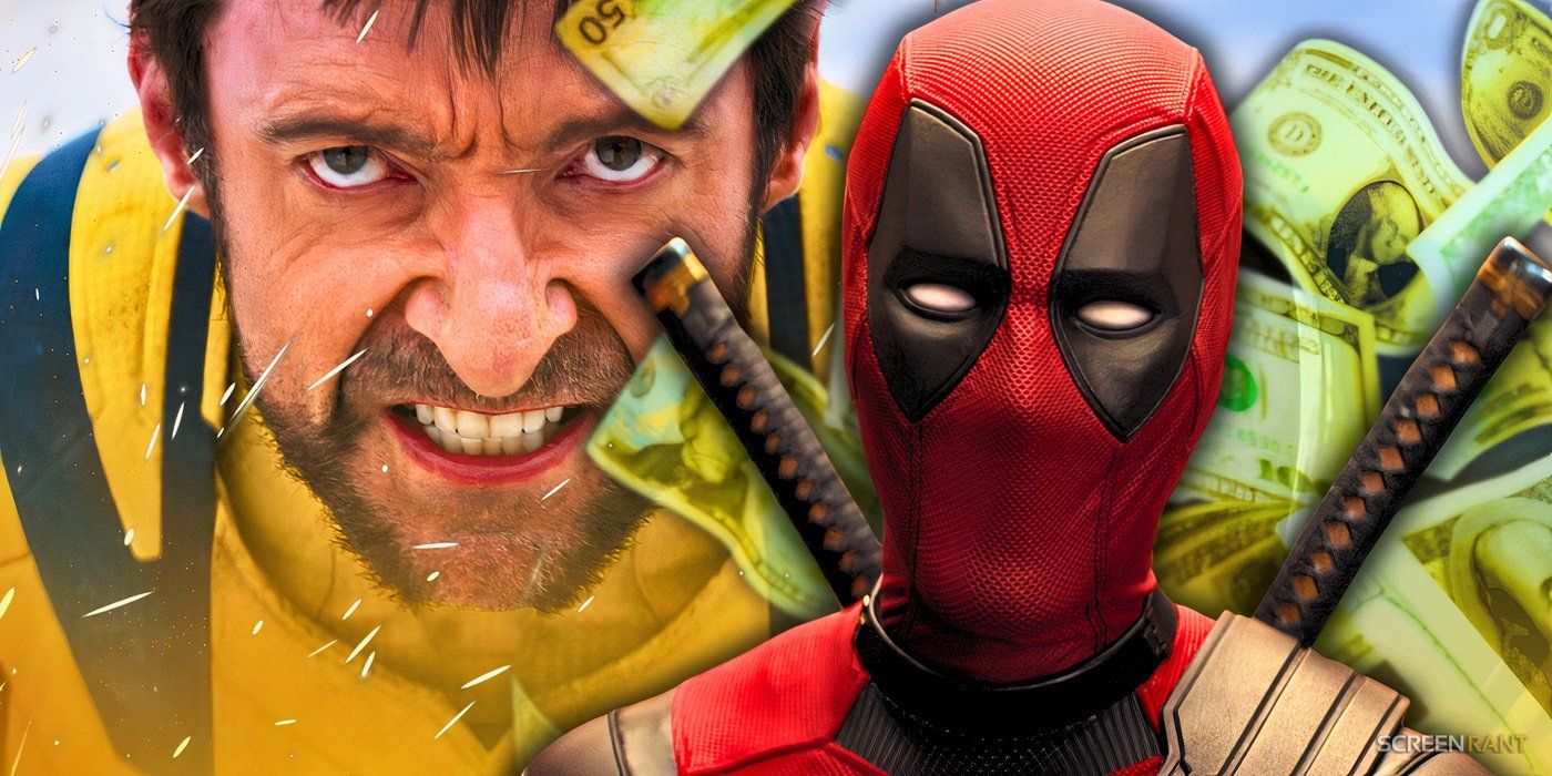 Hugh Jackman's Wolverine with gritted teeth and Ryan Reynolds' Deadpool from Deadpool & Wolverine with money falling around them
