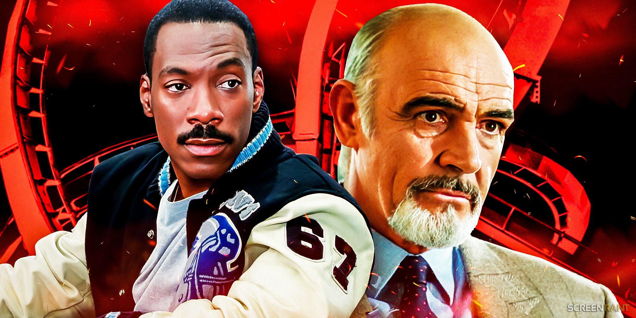 Eddie Murphy as Axel Foley in Beverly Hills Cop 3 with Sean Connery from Just Cause against a roller coaster background