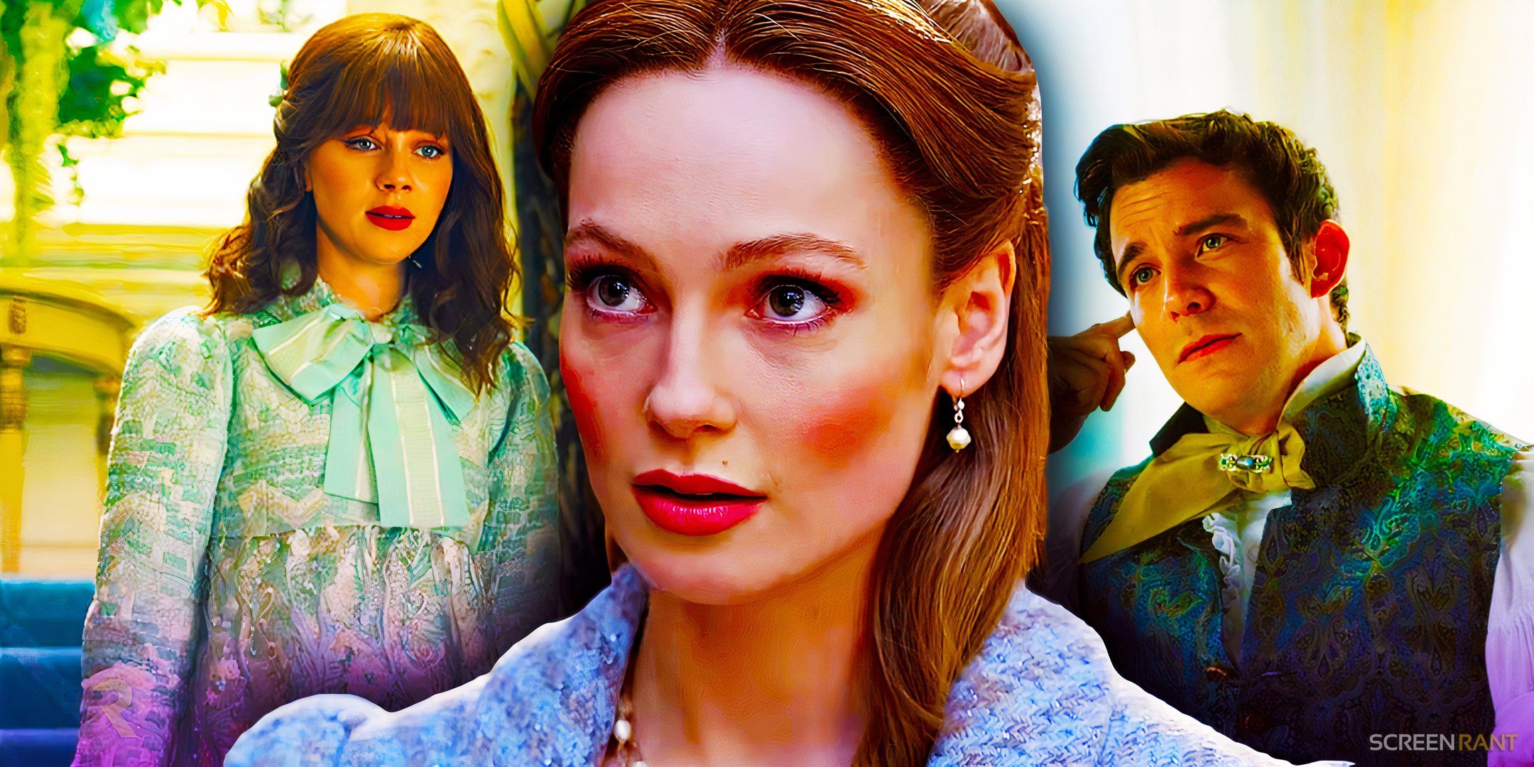 Eloise (Caludia Jessie), Francesca (Hannah Dodd), and Benedict (Luke Thompson) in Bridgerton