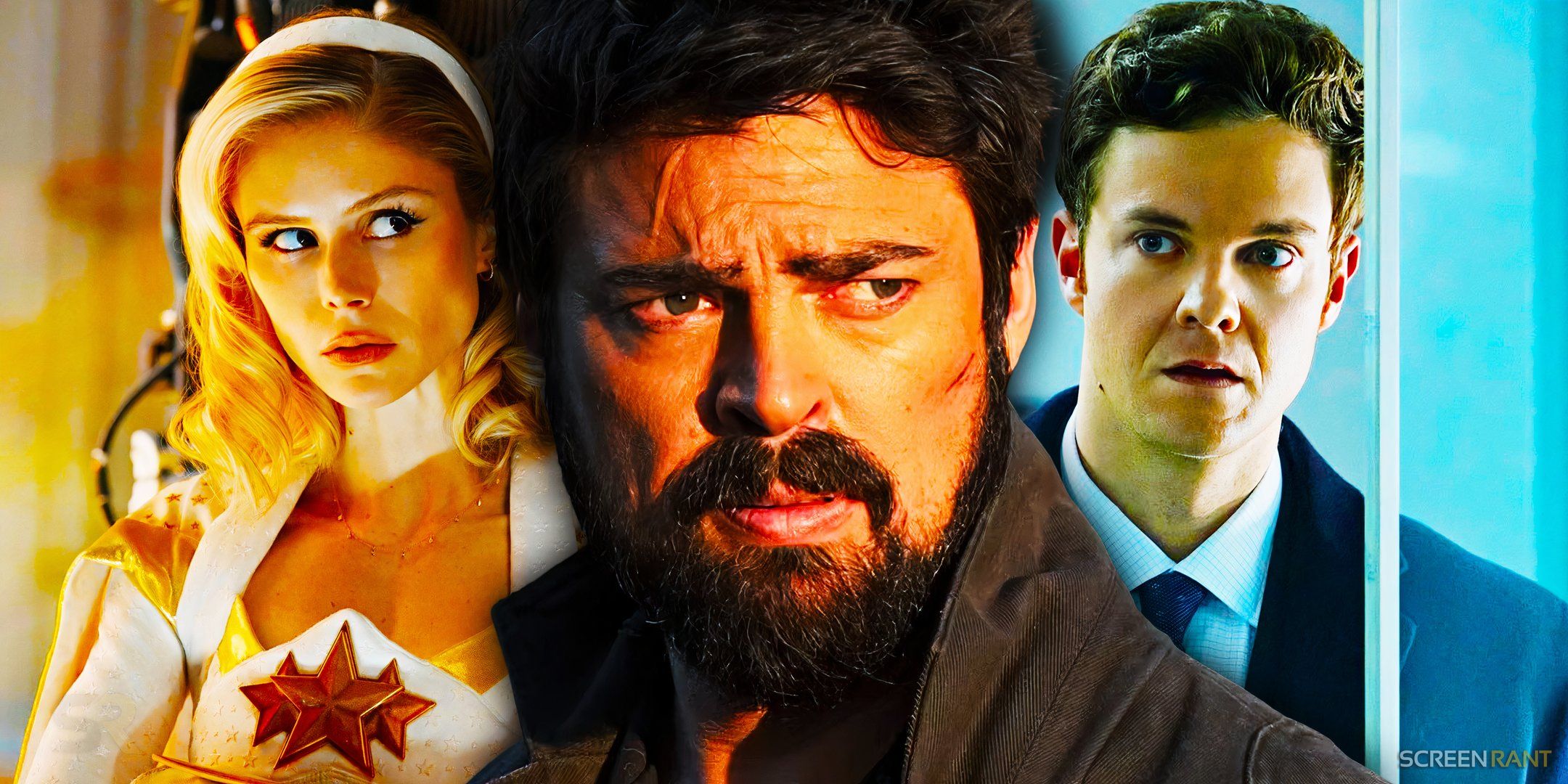 Erin Moriarty as Starlight, Karl Urban as Butcher, and Jack Quaid as Hughie in The Boys.