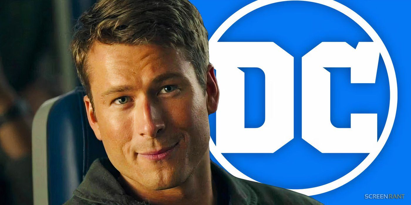 Glen Powell in Top Gun: Maverick and the DC Comics logo