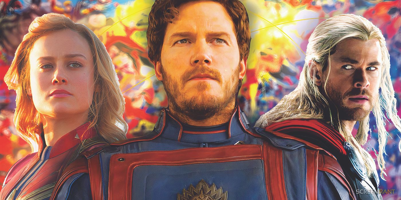 Brie Larson's Captain Marvel, Chris Pratt's Star-Lord, and Chris Hemsworth's Thor with a Marvel heroes background