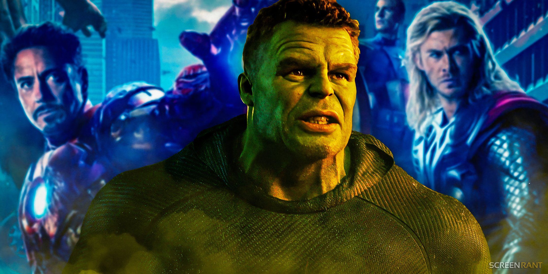 Mark Ruffalo's Hulk from Avengers: Endgame in front of the cast from The Avengers