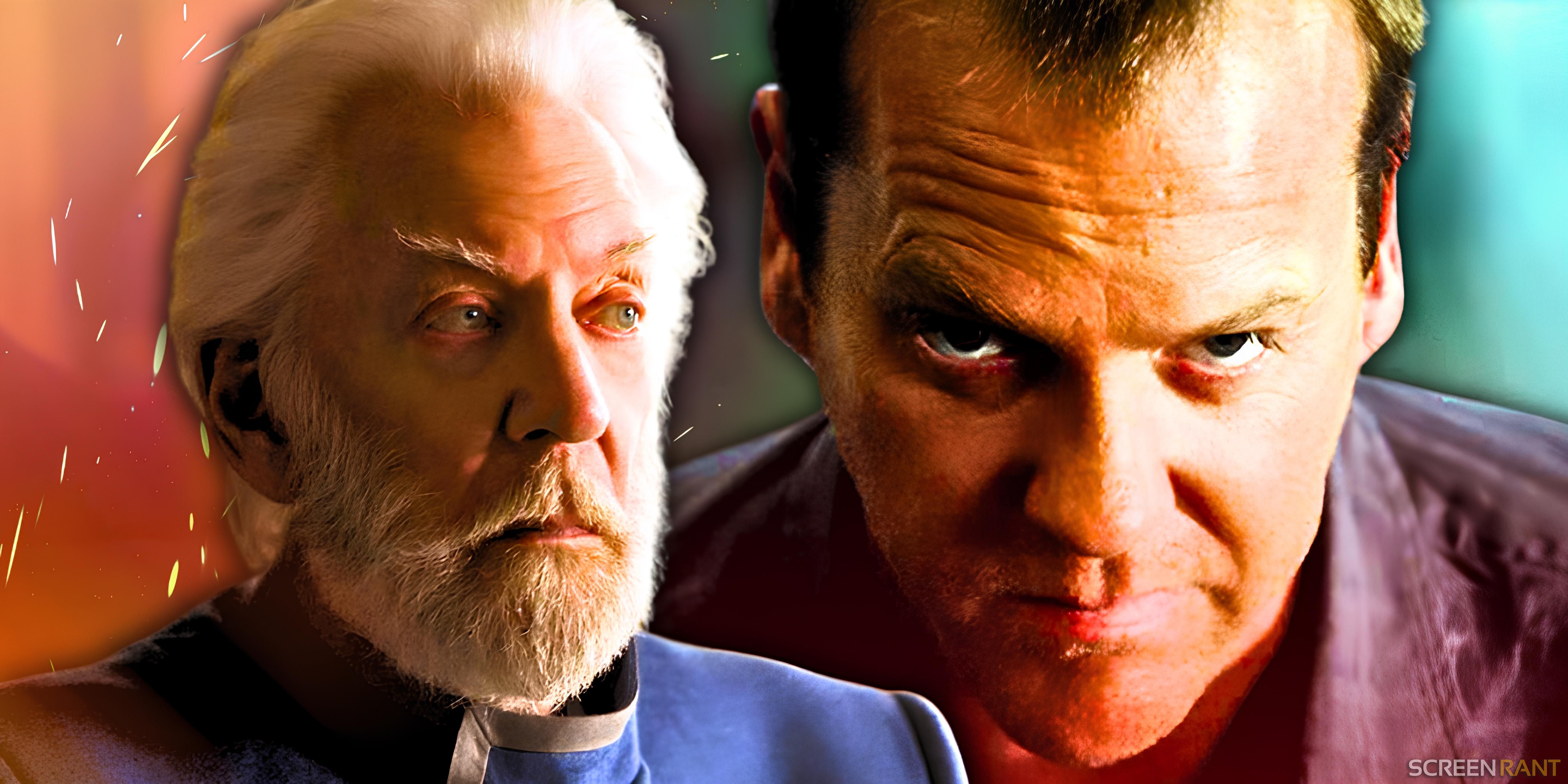 Donald Sutherland looking evil as President Snow in The Hunger Games franchise and Kiefer Sutherland's Jack Bauer being angry on 24